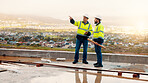 Architect, pointing and men with inspection for construction quality, structural safety or teamwork. Tablet, blueprint and workers discussion on rooftop for site progress, compliance and architecture