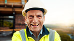 Portrait, funny and man with engineering, construction site and helmet for safety. Happy, mature person and employee in city, architecture and remodeling project with inspection for urban development