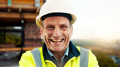 Buy stock photo Portrait, funny and man with engineering, construction site and helmet for safety. Happy, mature person and employee in city, architecture and remodeling project with inspection for urban development