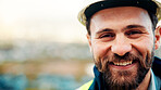 Construction, portrait or man on site with smile, pride and ambition as industrial worker. Happy, space or engineer outdoor with confidence, about us and career growth in architecture industry.
