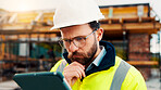 Man, architect and thinking with tablet on construction site for building maintenance or safety. Thoughtful, male person or contractor with technology or app for architecture development or security
