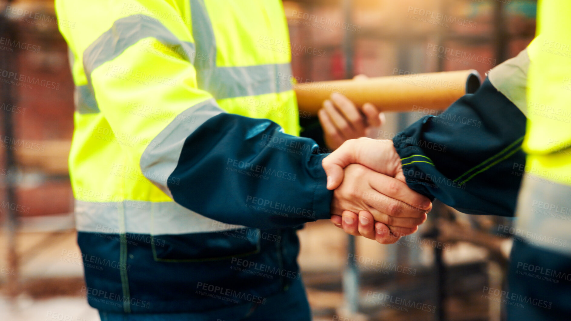 Buy stock photo People, construction or meeting with handshake on site for building partnership or deal together. Employees, builder or contractor shaking hands with colleague for architecture project or agreement