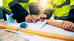 People, hands and planning construction with blueprint for building layout or architecture on site. Contractor, builder or team pointing with documents for civil engineering design or development