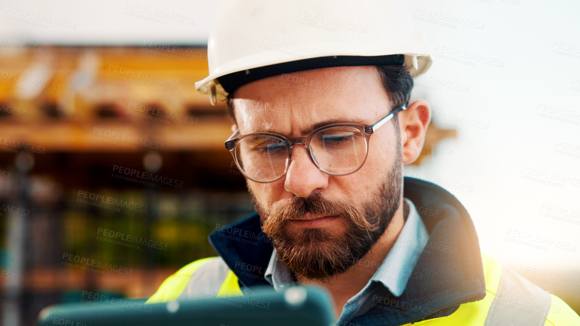 Buy stock photo Construction, glasses or man on site with tablet, problem solving or inspection report in online chat. Review, specs or mature engineer with tech, project brief or operations planning on digital app.