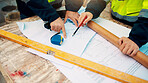 People, hands and architect with blueprint for construction planning or design on site. Civil engineering, team or pointing with building layout for architecture development, safety or security