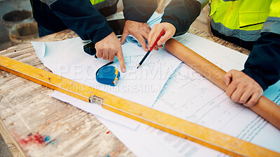 Buy stock photo People, hands and architect with blueprint for construction planning or design on site. Civil engineering, team or pointing with building layout for architecture development, safety or security