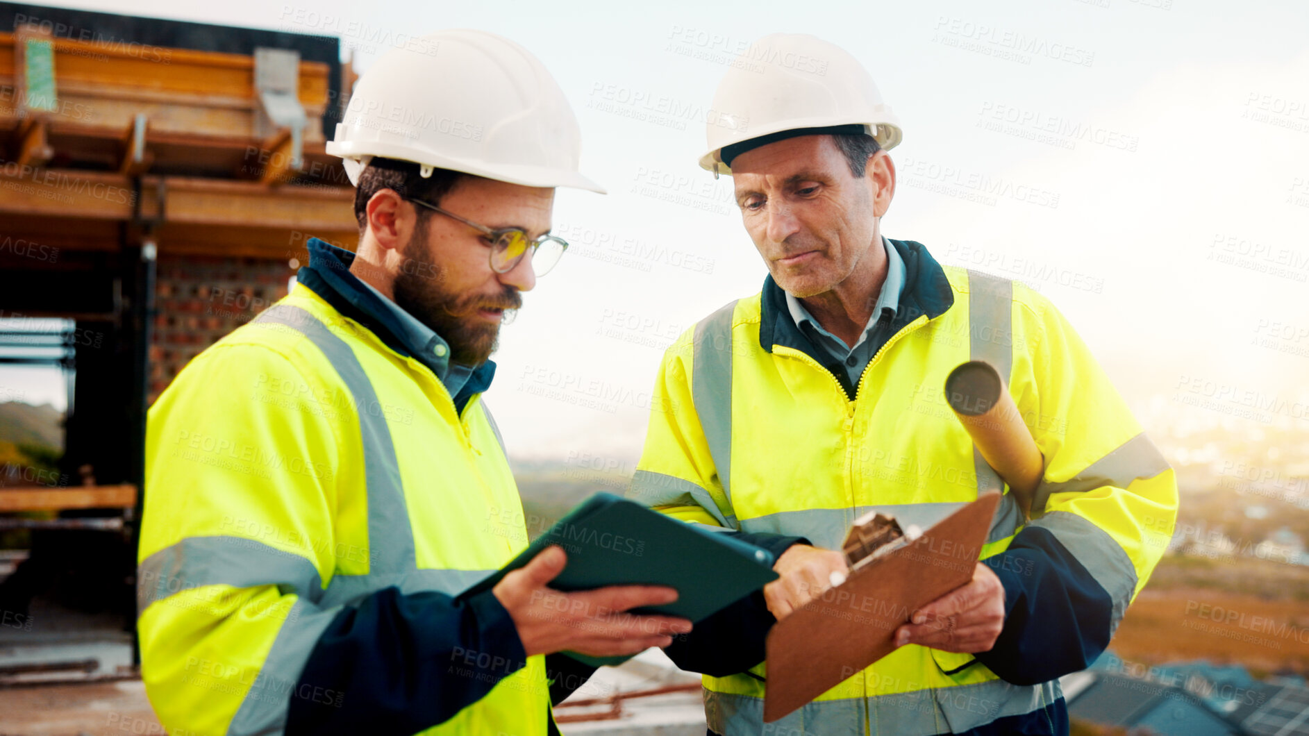 Buy stock photo Architect, team and tablet with checklist for construction planning, project timeline or blueprint. Tech, clipboard or men talking outdoor for site inspection, safety regulations or building progress