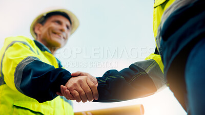 Buy stock photo Contractor, construction or handshake with happy man for architecture partnership or deal together. Person, builder or civil engineer shaking hands with smile for building agreement in site low angle