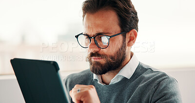 Buy stock photo Tablet, reading and businessman in office with research for finance report with revenue growth. Digital technology, glasses and financial manager with feedback on investment proposal in workplace.