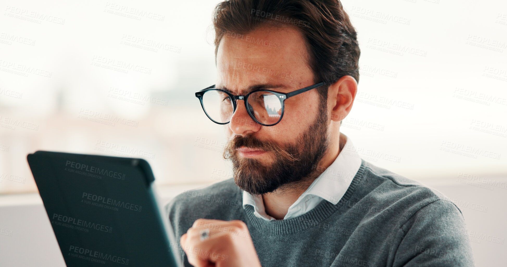 Buy stock photo Tablet, reading and businessman in office with research for finance report with revenue growth. Digital technology, glasses and financial manager with feedback on investment proposal in workplace.