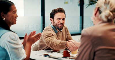Buy stock photo People, clapping and handshake in meeting for celebration, success or business collaboration. Support, partnership and team with applause and shaking hands for b2b startup, agreement or thank you 