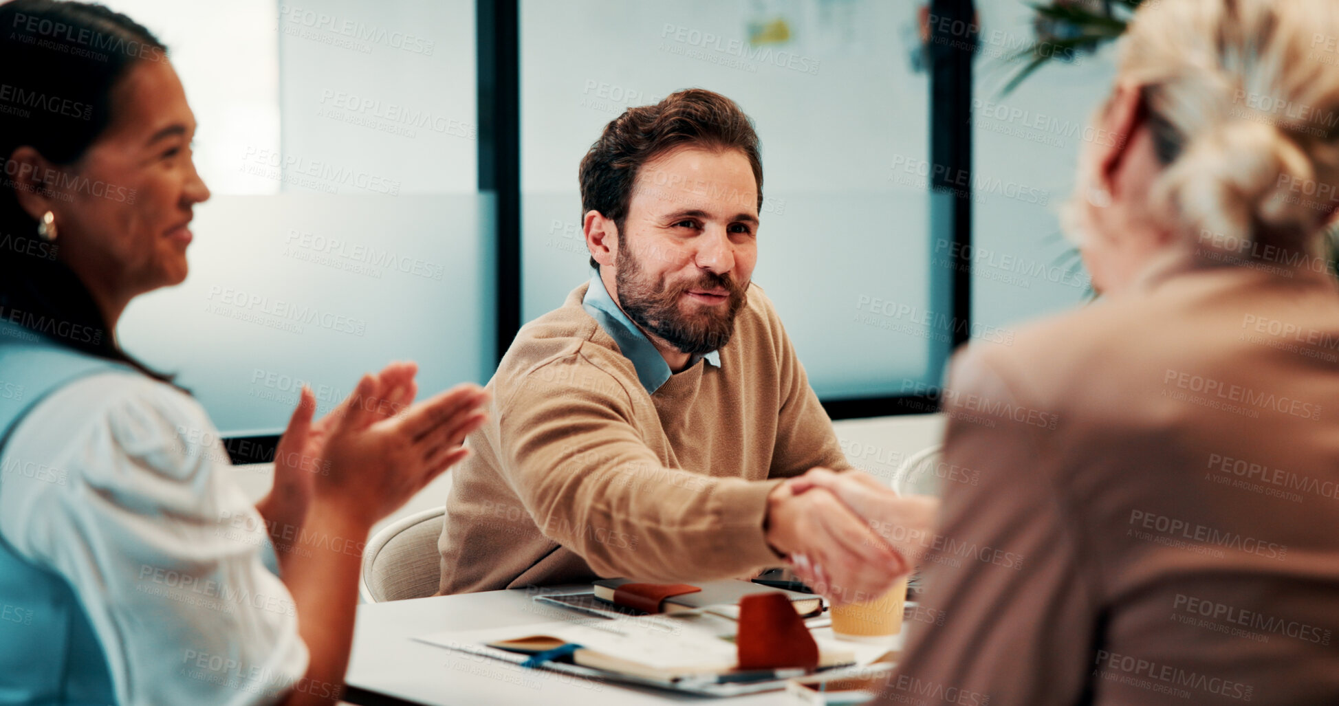 Buy stock photo People, clapping and handshake in meeting for celebration, success or business collaboration. Support, partnership and team with applause and shaking hands for b2b startup, agreement or thank you 