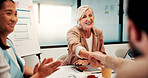 Meeting, shaking hands and people with applause, success and celebration for investment approval. Manager, partnership and handshake for accountant agreement, congratulations and b2b achievement