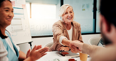 Buy stock photo Meeting, shaking hands and people with applause, success and celebration for investment approval. Manager, partnership and handshake for accountant agreement, congratulations and b2b achievement