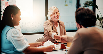 Buy stock photo Recruitment, handshake or business people with smile in office, welcome or introduction for interview. Candidate, hr team or shake hands for hiring opportunity, congratulations or onboarding meeting