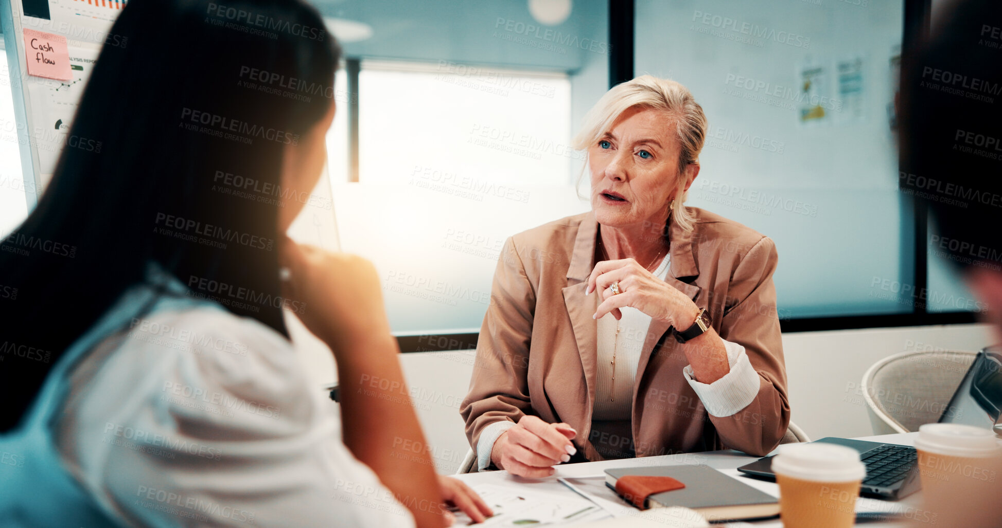 Buy stock photo Talking, manager and business people in meeting for marketing strategy, feedback and kpi report. Creative, teamwork and workers with notes in discussion for funding campaign, planning and project