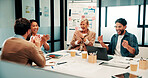 Success, meeting and business people with applause, celebration or excited for financial growth. Achievement, milestone and group with analyst for metrics, data analytics or report on company revenue