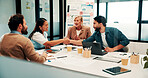 Happy people, handshake and agreement with team in boardroom, partnership and marketing achievement. Colleagues, shaking hands and meeting with brand manager for project, success and collaboration