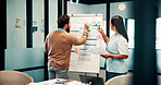 Team, writing and people with whiteboard in office, discussion and planning for investment strategy. Colleagues, pointing and financial performance review with charts, collaboration and sticky notes