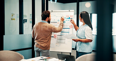 Buy stock photo Team, writing and people with whiteboard in office, discussion and planning for investment strategy. Colleagues, pointing and financial performance review with charts, collaboration and sticky notes