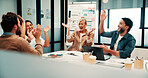 Meeting, team and applause for finance success, good news and profit goals in capital raise. Office, excited people and clapping in celebration for budget approval, company ROI performance and pride