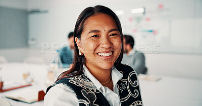 Buy stock photo Business, portrait or woman in workplace with smile, pride or ambition as investment advisor. Meeting, happy or financial consultant with confidence, career growth or about us in risk management.