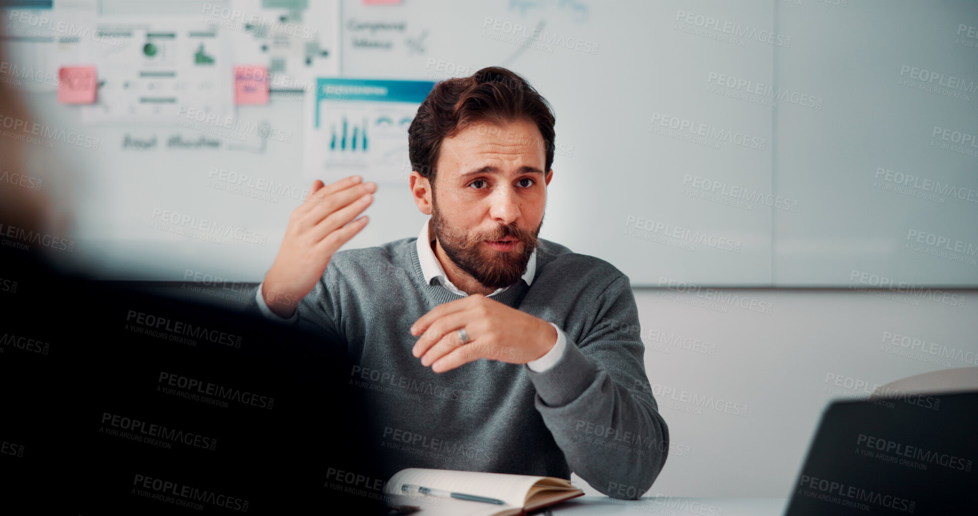 Buy stock photo Businessman, talking and presentation for team in boardroom, creative or plan for marketing strategy. People, brainstorming and discussion with brand manager for project, meeting and collaboration