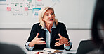 Boardroom, speech and businesswoman with team, meeting and brainstorming for investment opportunity. Corporate, wealth manager and mature person with ideas for financial development and collaboration