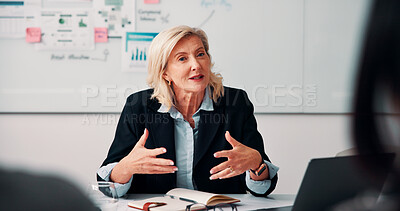 Buy stock photo Boardroom, speech and businesswoman with team, meeting and brainstorming for investment opportunity. Corporate, wealth manager and mature person with ideas for financial development and collaboration