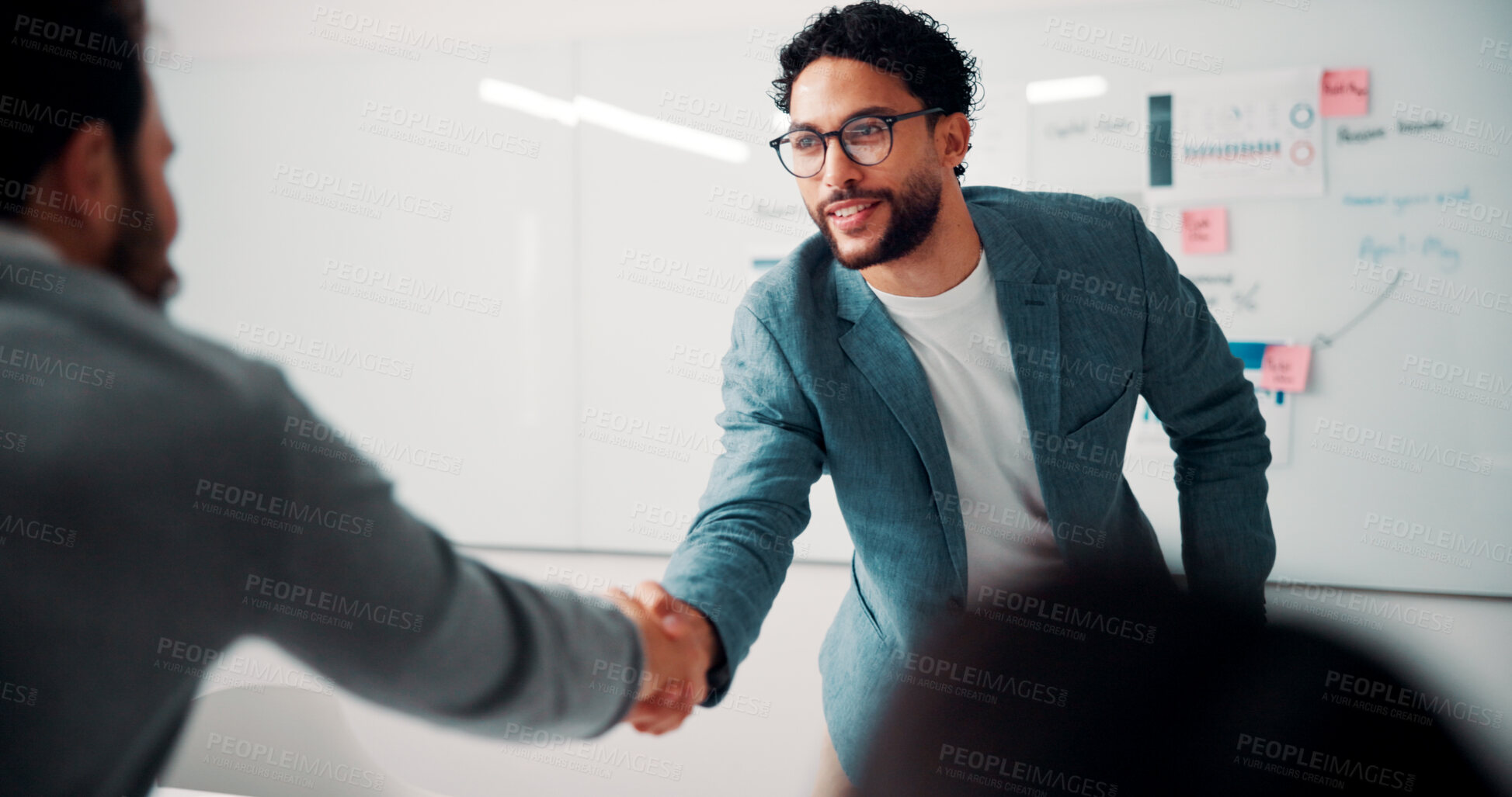Buy stock photo Meeting, handshake and people with success, deal and thank you for data analysis approval. Manager, negotiation and shaking hands with stats proposal, partnership or b2b agreement for business growth