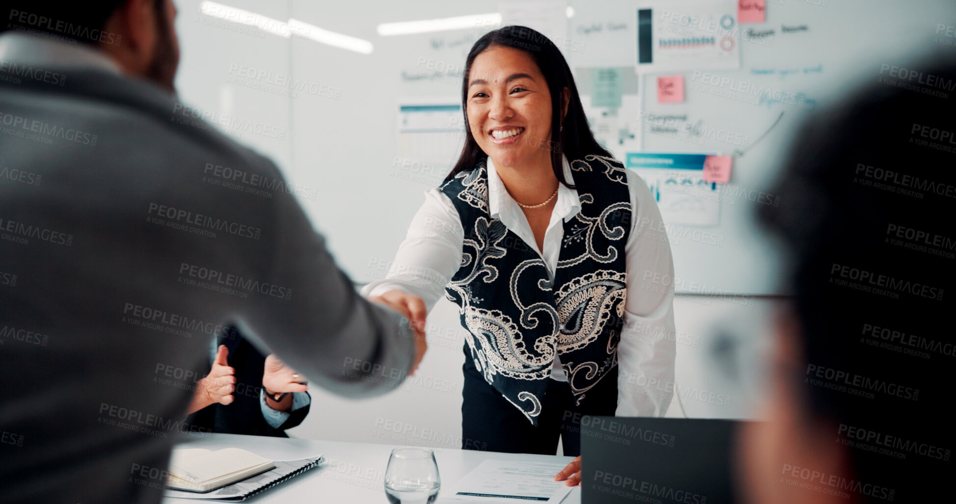 Buy stock photo Meeting, handshake and people with deal, success and celebration for data analytics approval. Manager, thanks and shaking hands with stats proposal, applause and b2b agreement for business growth