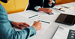 Contract, b2b or hands in office with signing, negotiation success or approval in partnership meeting. Business, people or employees with paperwork, legal agreement or proposal of collaboration plan.