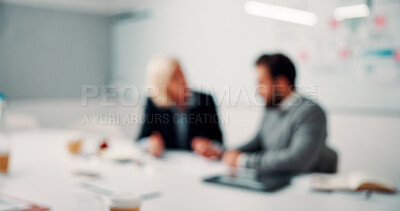 Buy stock photo Blurry, discussion and business people in office with planning for finance report with budget. Meeting, feedback and financial advisor with manager for review on investment proposal in workplace.