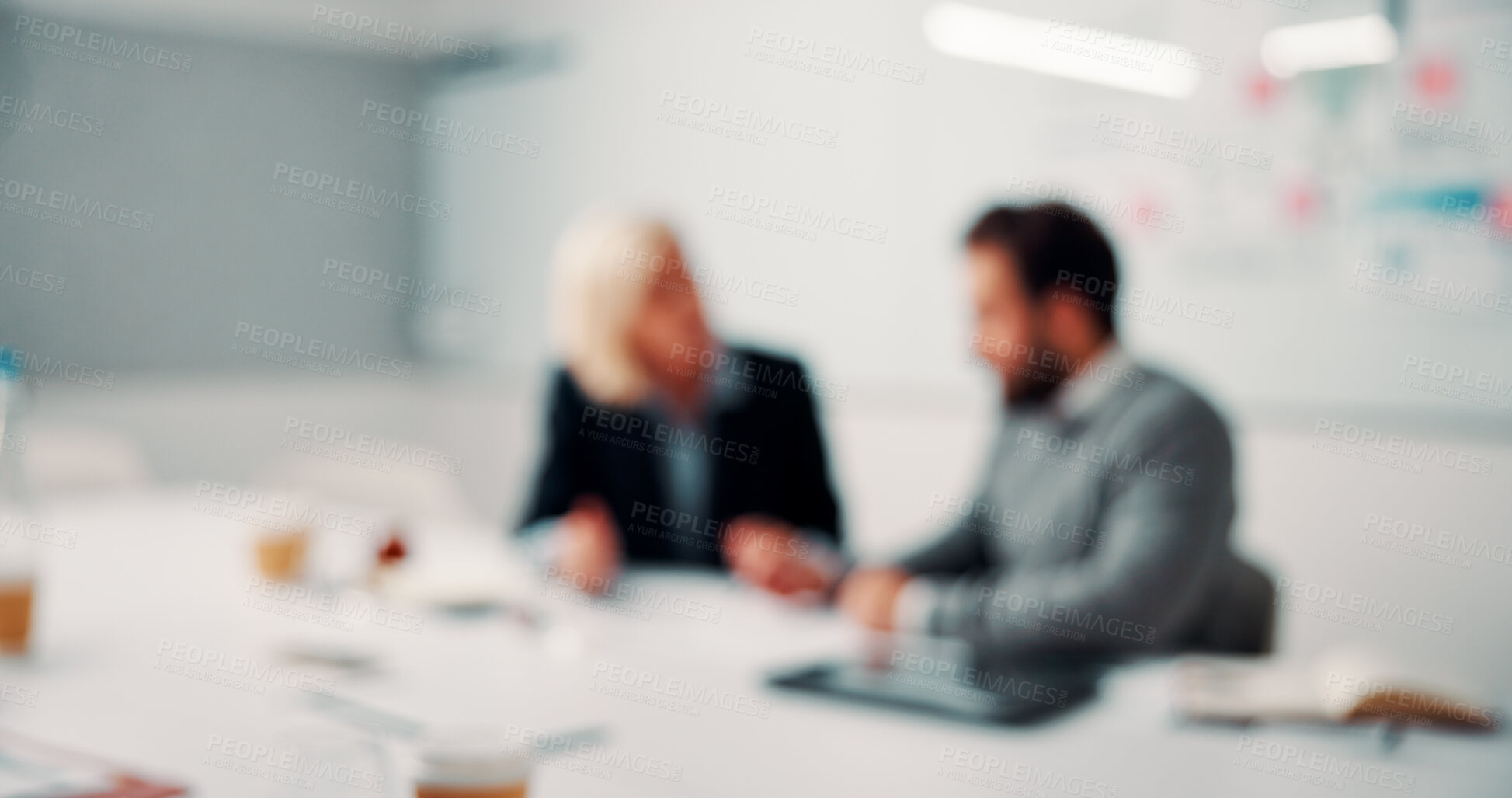 Buy stock photo Blurry, discussion and business people in office with planning for finance report with budget. Meeting, feedback and financial advisor with manager for review on investment proposal in workplace.