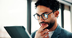 Tablet, thinking and businessman in office with research for finance report with revenue growth. Digital technology, ideas and financial manager with feedback on investment proposal in workplace.
