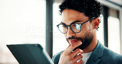 Buy stock photo Tablet, thinking and businessman in office with research for finance report with revenue growth. Digital technology, ideas and financial manager with feedback on investment proposal in workplace.