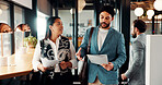 Walking, documents and business people in office for discussion, finance review and proposal feedback. Collaboration, talking and workers with paperwork, budget report and portfolio for planning