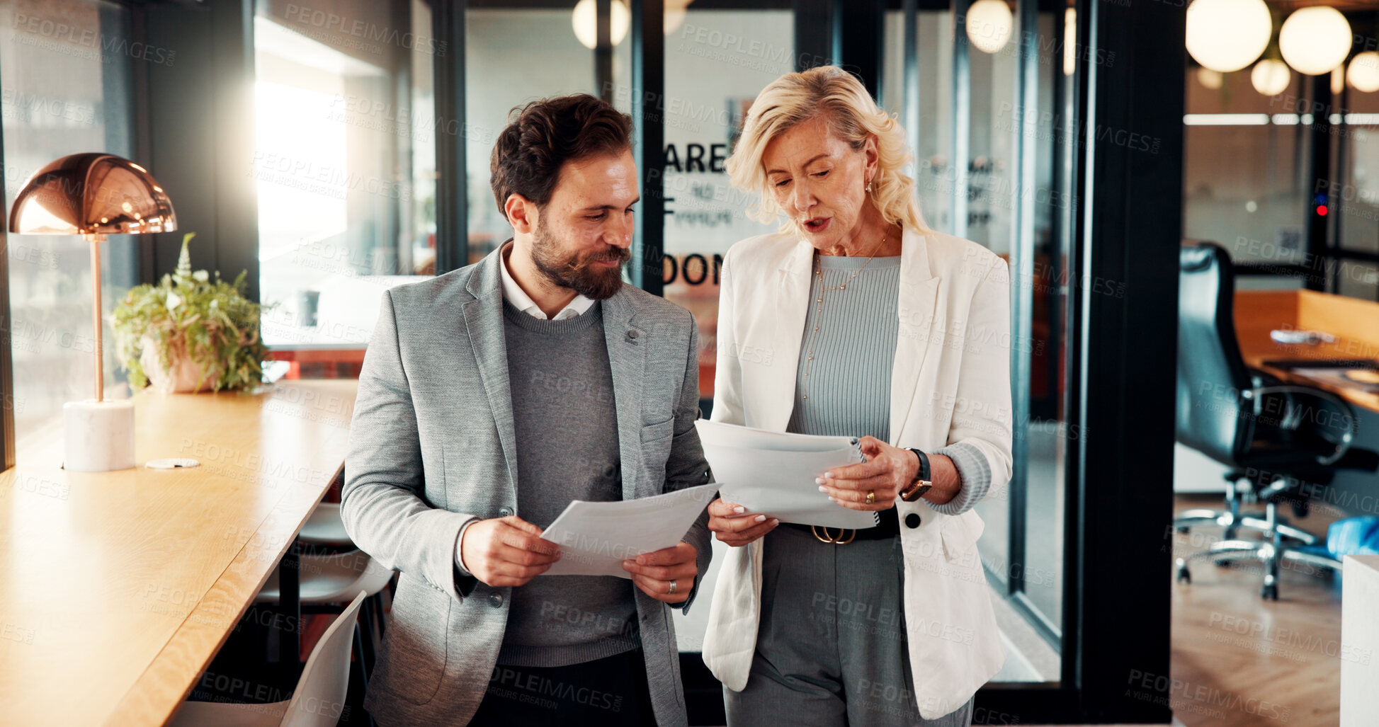 Buy stock photo Walking, manager and business people with paperwork for discussion, finance review and proposal feedback. Collaboration, talking and workers with documents, budget report and portfolio for planning