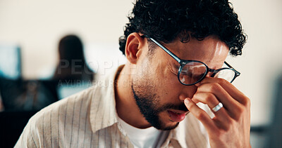Buy stock photo Man, stress and headache with glasses for eye strain, overworked or deadline at creative agency. Graphic designer, pressure or tired person with vision, reflection and problem solving for project