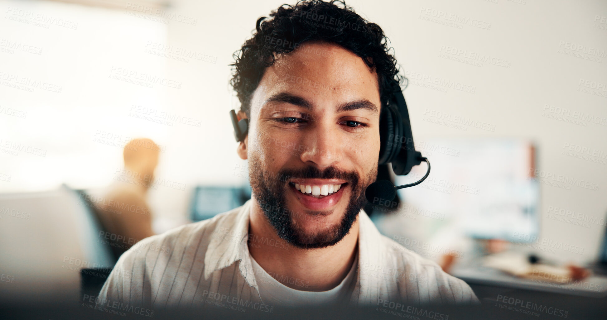 Buy stock photo Happy, man and call center on computer with communication and customer support. Headset, friendly and tech consultant with smile in office for advice, online services and problem solving on website