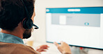 Call center, computer and man with headset for customer service, tech support and online help. Office, consultant and person with pc screen for communication, virtual assistance and contact us