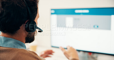 Buy stock photo Call center, computer and man with headset for customer service, tech support and online help. Office, consultant and person with pc screen for communication, virtual assistance and contact us