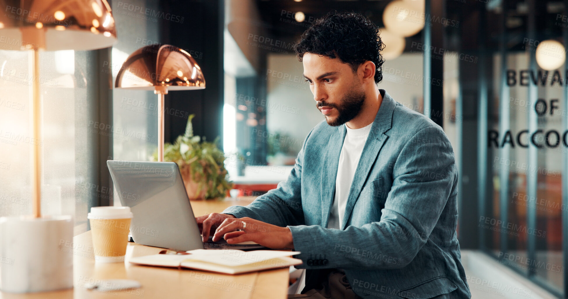 Buy stock photo Laptop, finance and business man in cafe for remote work with proposal, online report and budget. Restaurant, typing and person on computer for financial review, investment research and planning