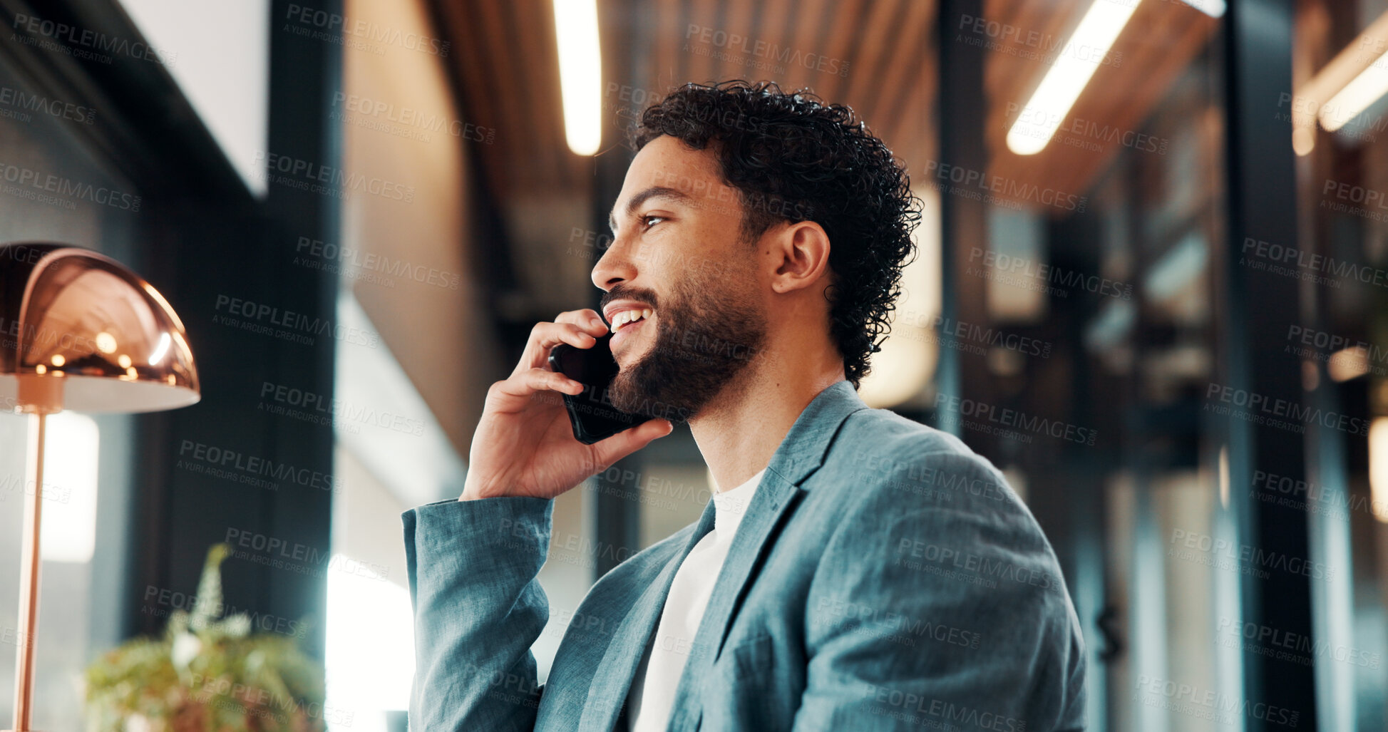 Buy stock photo Phone call, talking and business man in office for financial advice, consulting and client update. Corporate, happy and person on cellphone for communication, discussion and feedback for investment