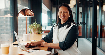 Buy stock photo Laptop, cafe and portrait of woman for remote work for copywriting, seo report and creative career. Freelance, coffee shop and person on computer for research, website content and analytics review