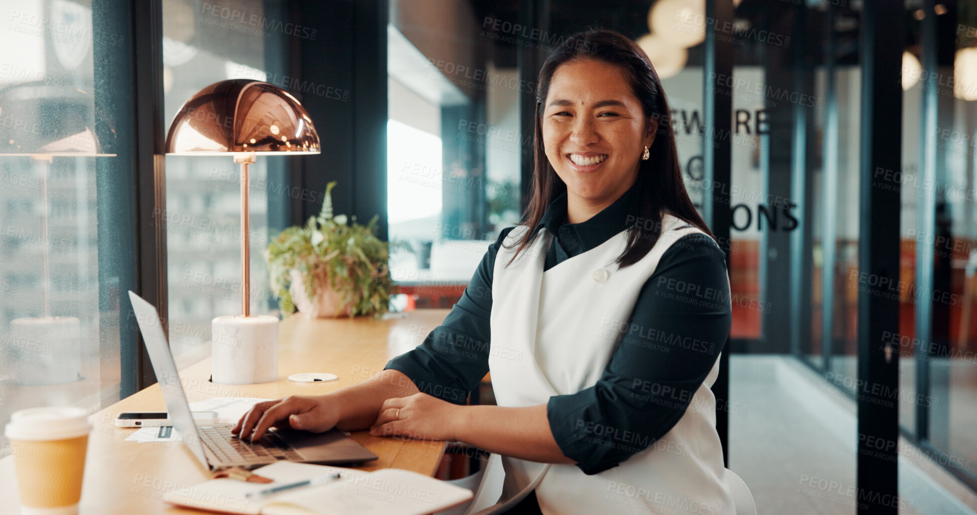Buy stock photo Laptop, cafe and portrait of woman for remote work for copywriting, seo report and creative career. Freelance, coffee shop and person on computer for research, website content and analytics review