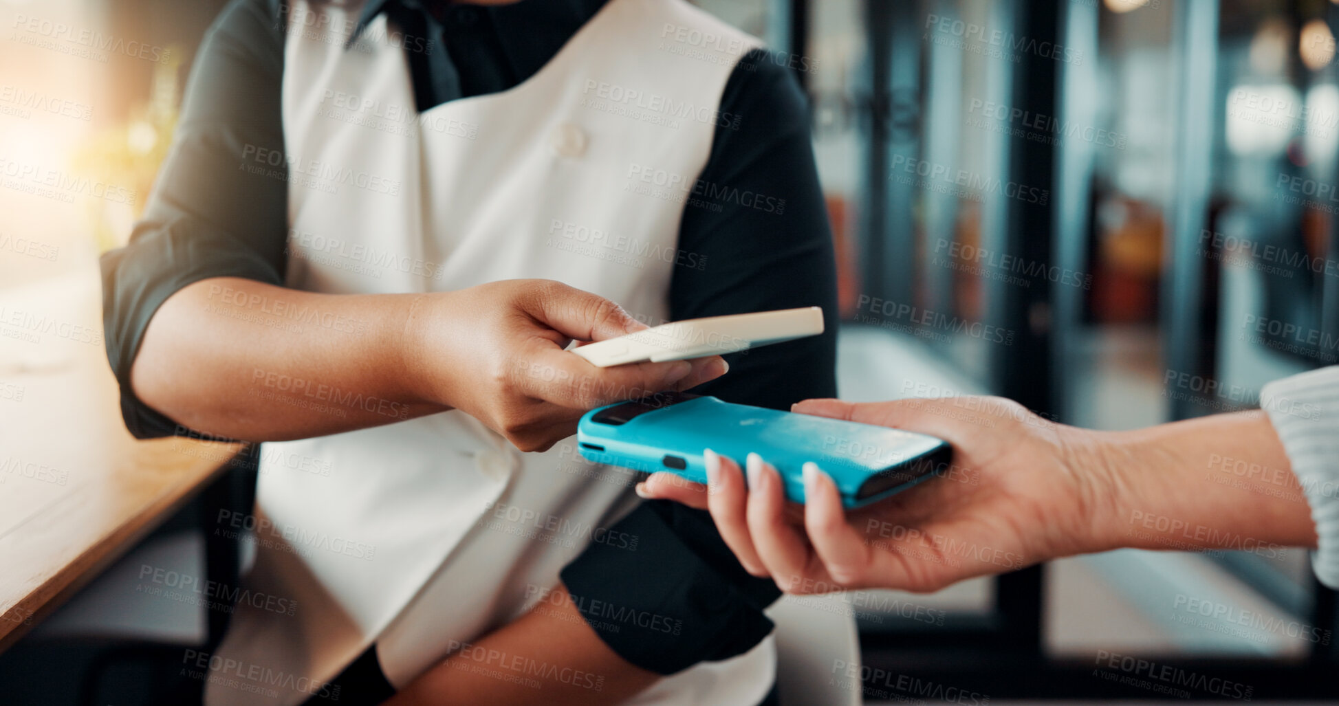 Buy stock photo Phone, hands and people for payment in cafe with POS machine, transaction or cashless system. Waiter, customer service and fintech for contactless transfer, banking and mobile with tap in restaurant