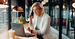 Woman, cafe and phone call for remote work, online planning or productivity on laptop. Strategy, advice and mature consultant on computer with insurance review, discussion or feedback in coffee shop