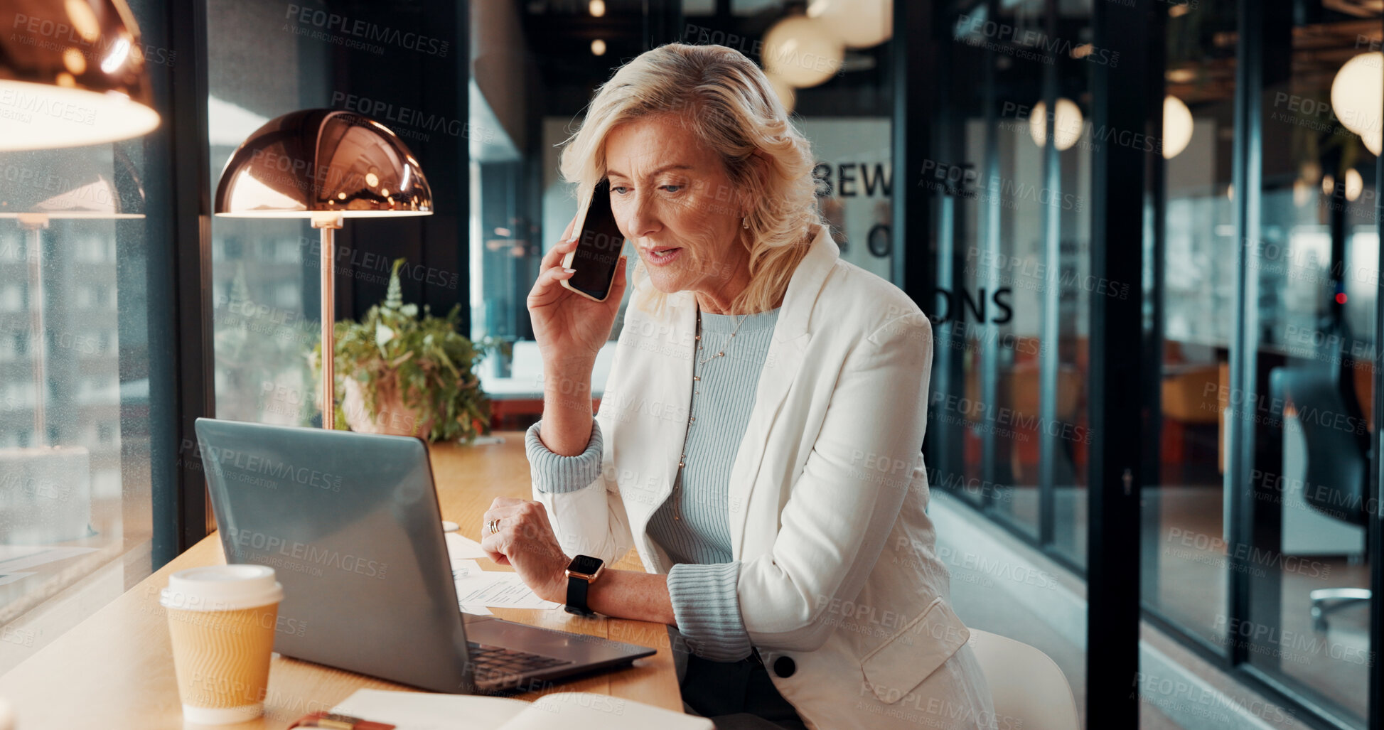 Buy stock photo Woman, cafe and phone call for remote work, online planning or productivity on laptop. Strategy, advice and mature consultant on computer with insurance review, discussion or feedback in coffee shop