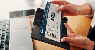 Buy stock photo Laptop, ticket and hands of business woman in office for online booking, work trip and schedule. Corporate, workplace and person on computer with flight info for agenda, travel admin and planning